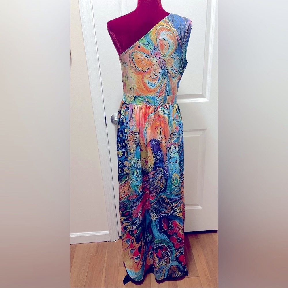 Vibrant Peacock Sleeveless One Shoulder Maxi Dress. Size Large - Picture 3 of 11